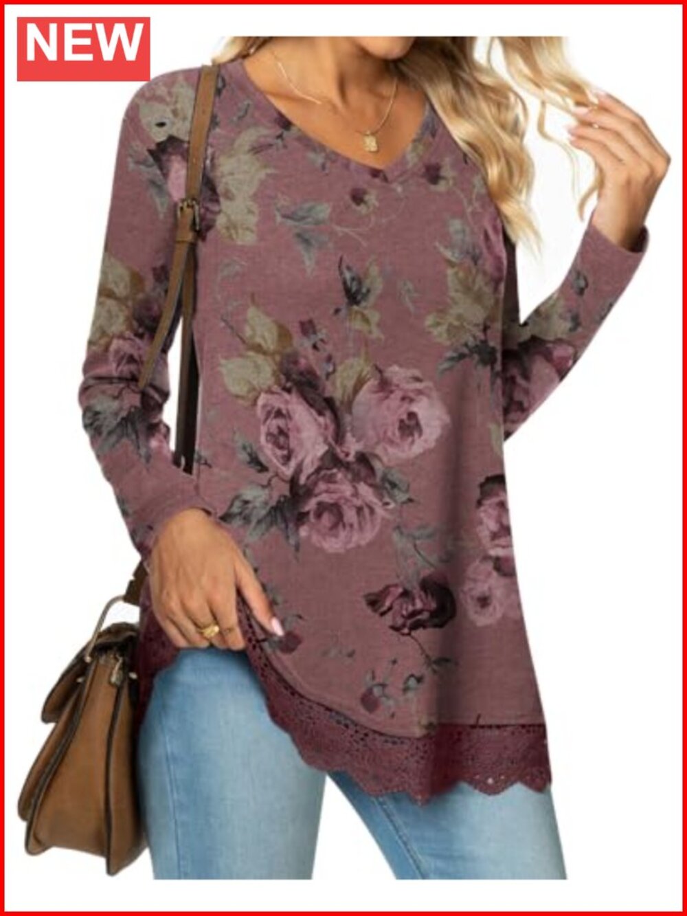 Womens Loose Fit Tunic Top V-Neck Long Sleeve Lace Hem Casual Fall Shirt